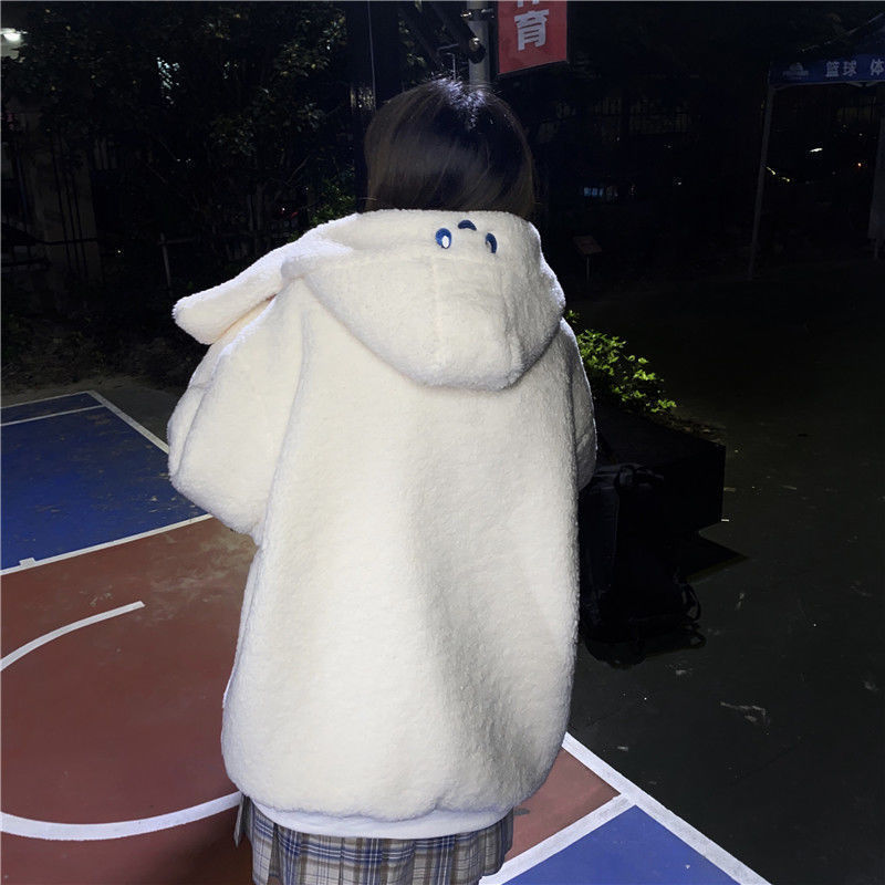 Áo khoác lông cừu dày dặn có nón trùm đầu xinh xắn dễ thương cho nữ