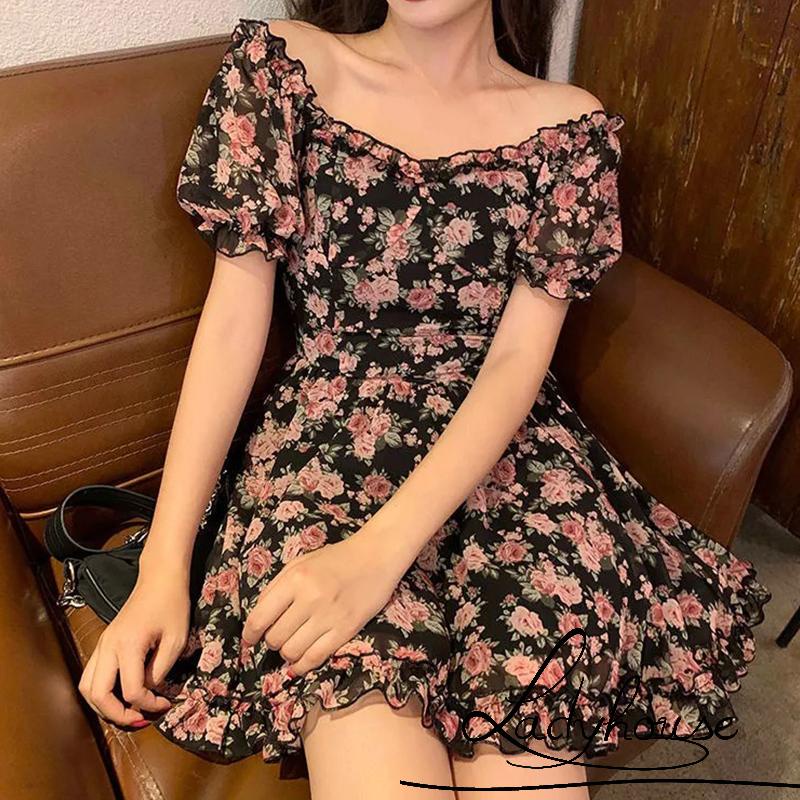 Đầm chữ A mini cổ vuông tay ngắn phồng eo cao thời trang mùa hè cho nữ