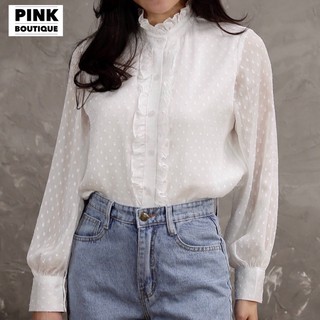 Áo Sơ Mi Trắng Nữ Kiểu Cổ Trụ Bèo Dài Tay Có Lót Trong Thiết Kế PINKBOUTIQUE