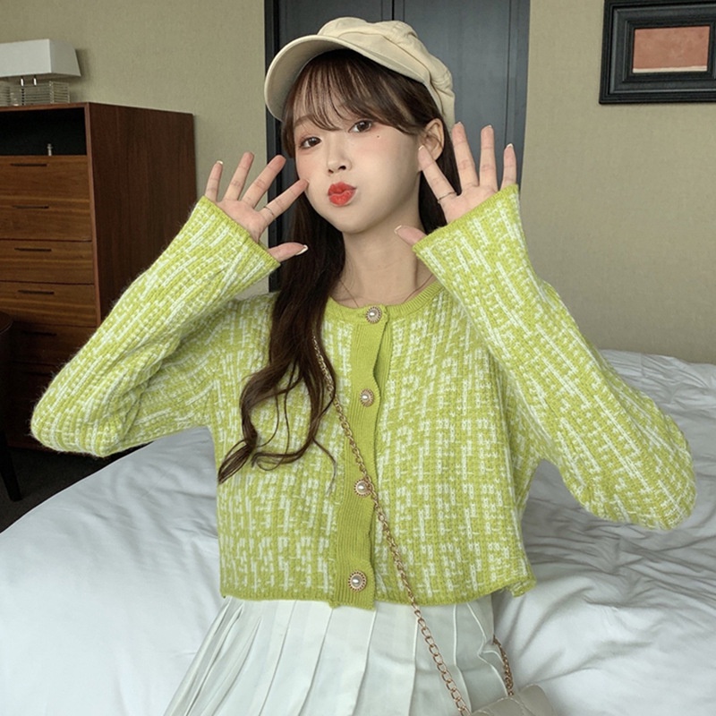 Áo khoác cardigan nữ ngắn dệt kim mỏng tay dài họa tiết kẻ ô phong cách Hàn Quốc