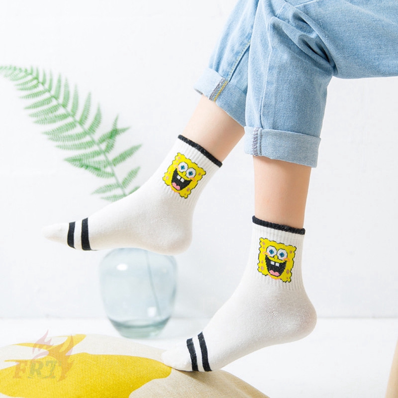 Vớ cotton dài đến mắt cá chân phong cách Harajuku in họa tiết cậu bé bọt biển đáng yêu
