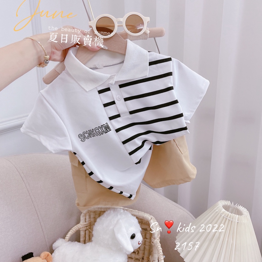 Quần áo mùa hè bé trai,  Bộ quần áo có cổ sọc kẻ nửa thân cá sấu cho bé size 10-30kg