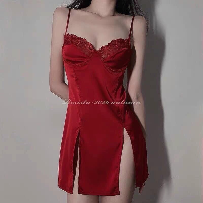 Đồ ngủ sexy / Đầm ngủ xẻ đùi cao siêu gợi cảm, chất liệu satin cao cấp loại 1, kèm quần đùi so cute, freesize dưới 65kg | BigBuy360 - bigbuy360.vn