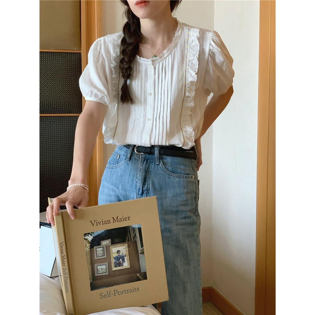 Áo Sơ Mi Nữ Tay Ngắn Thêu Ren Phong Cách Hàn Quốc Thời Trang Mới 52111