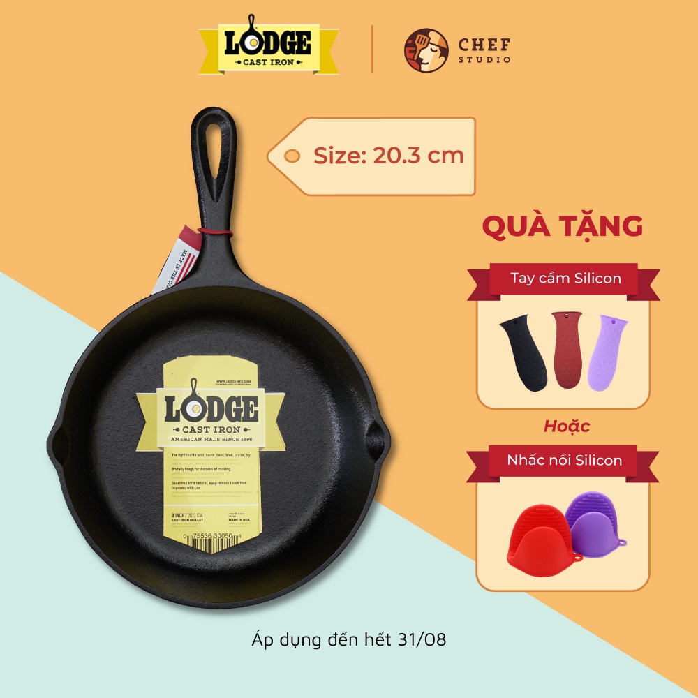 Chảo gang Lodge 20.3 cm chống dính tự nhiên, dùng được cho mọi loại bếp và lò nướng