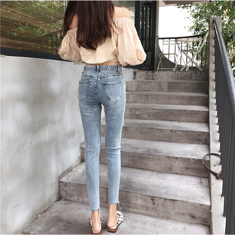 Quần jeans dài rách gối thời trang cho nữ