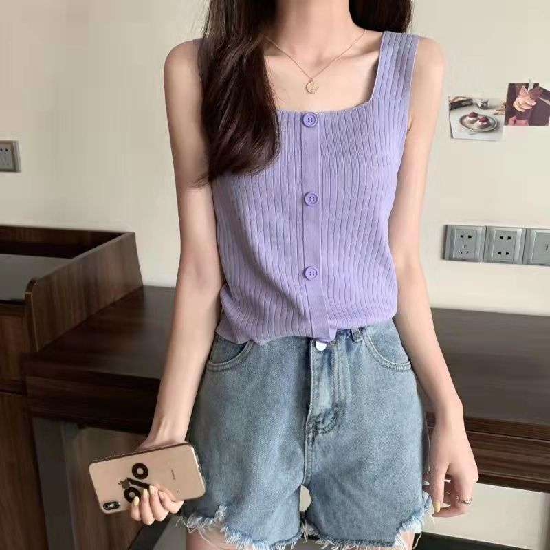 Áo Dệt Kim Không Tay Cổ Vuông Màu Đen Thời Trang Cho Nữ