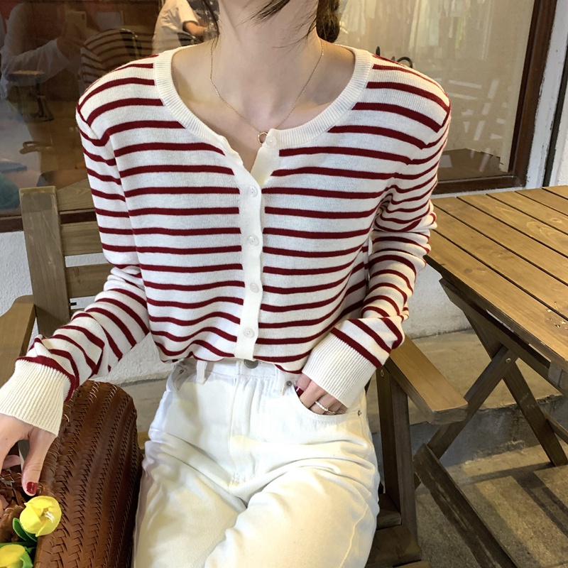 Áo khoác cardigan SUXI dệt kim tay dài dáng rộng họa tiết kẻ sọc thời trang mùa thu phong cách Hàn Quốc mới cho nữ