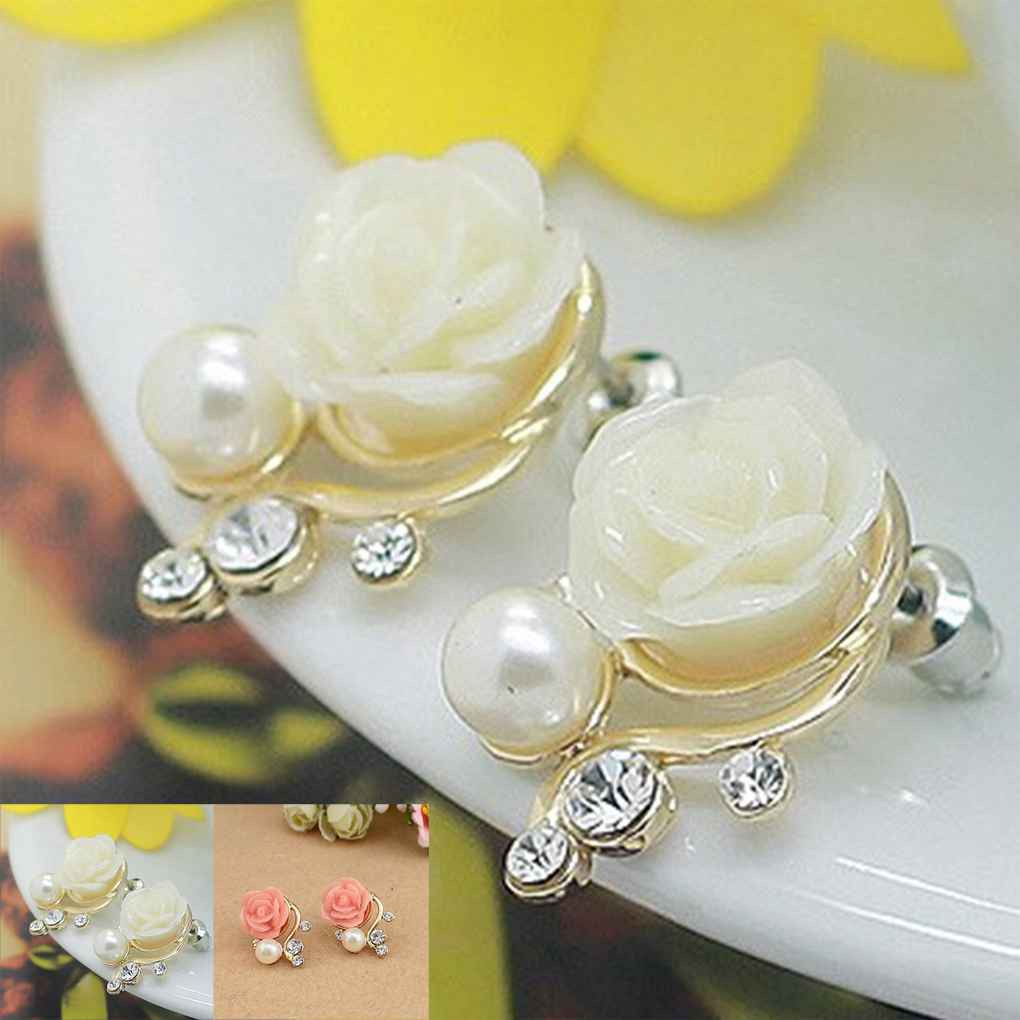 Đôi bông tai hình hoa hồng đính đá pha lê/ ngọc trai giả xinh xắn cho nữ