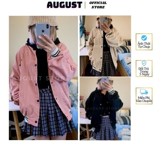 Áo Khoác Bomber Nhung Tăm TIKKEO Dày Dặn Chuẩn Form Freesize