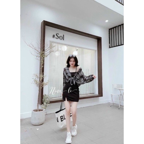 Đầm Body Kèm Áo Khoác Caro Bigsize 55kg Đến 100kg (M/L/XL/XXL)