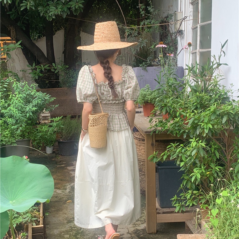 SUXI Áo Sơ Mi Tay Ngắn Dáng Ôm Kẻ Sọc Ca Rô Kiểu Vintage Hàn Quốc Dễ Phối Đồ