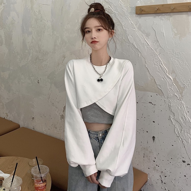 Set áo 2 dây sát nách croptop ôm body + áo xếp giả tay dài croptop tay rộng croptop form ngắn ulzzang ( 2 màu )