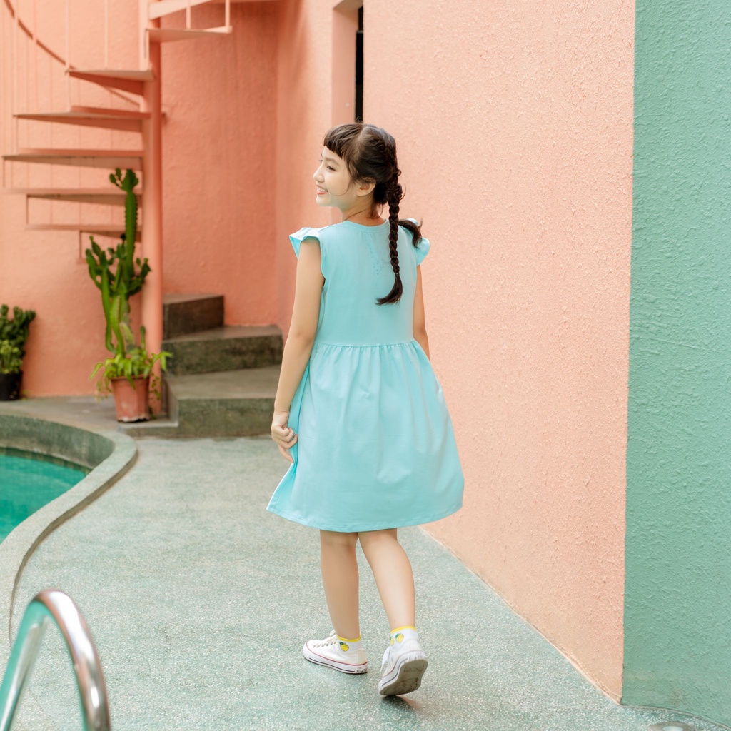 Đầm bé gái tay cánh tiên màu xanh ngọc in 2 CHÚ THỎ, 18-40 kg, chất vải 100% cotton 4c, A4