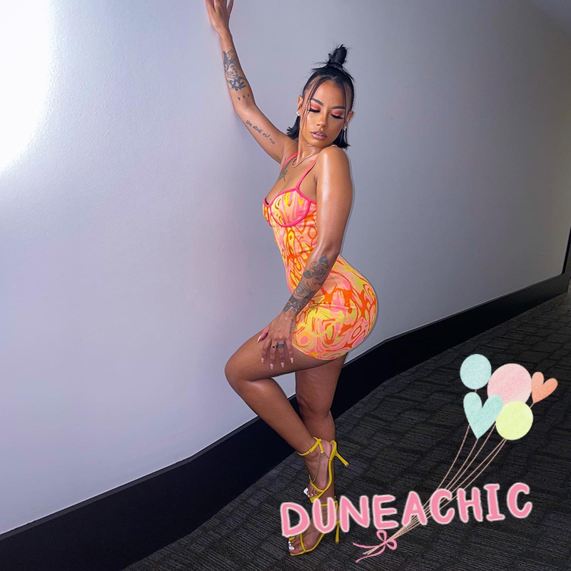 DUNEA Đầm Hai Dây Hở Lưng In Họa Tiết Thời Trang Cho Nữ