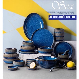 (LẺ MÓN - HOT) Bát đĩa sứ men xanh lam sang trọng Sea - Chén dĩa sứ hỏa biến ko chì cao cấp phong cách Bắc Âu