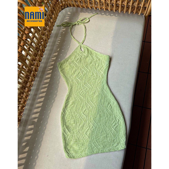 ( HÀNG CHUẨN ĐẸP ) Đầm Ôm Body Cổ Yếm Giọt Nước Hoạ Tiết Gân Nổi Sexy Gợi Cảm - ATNU032