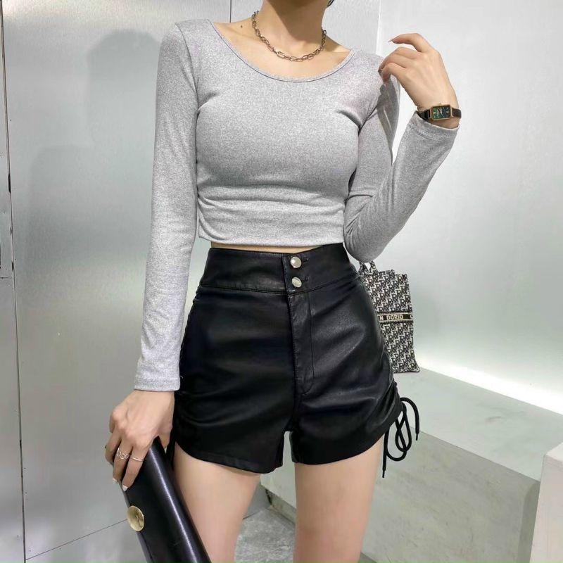 Quần sóc da 2 cúc dây rút sườn cạp siêu cao