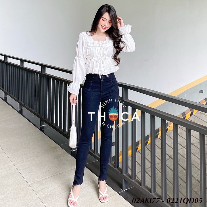 Quần jean nữ skinny dài 2 nút túi bầu kiểu tua THOCA HOUSE màu đen, xanh tôn dáng cao chân dài, dễ phối đồ