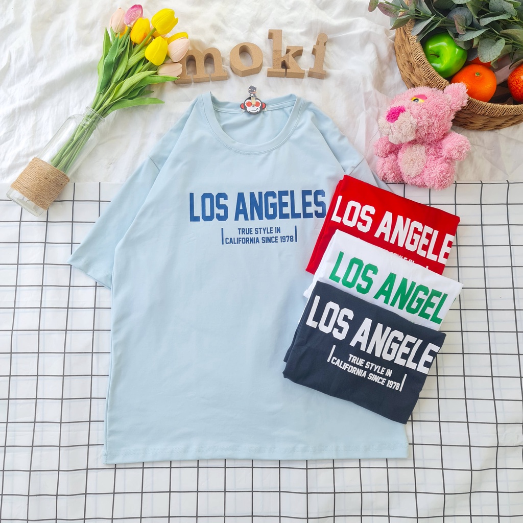 Áo phông áo thun nam nữ tay lỡ from rộng freesize chất cotton thoáng mát in hình chữ LOS ANGELES MOKISHOP