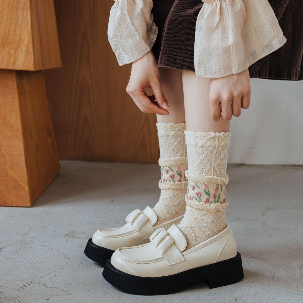 Vớ Cổ Trung Phối Bèo Họa Tiết Hoa Tulip Dễ Thương Thời Trang Thu Đông Cho Nữ