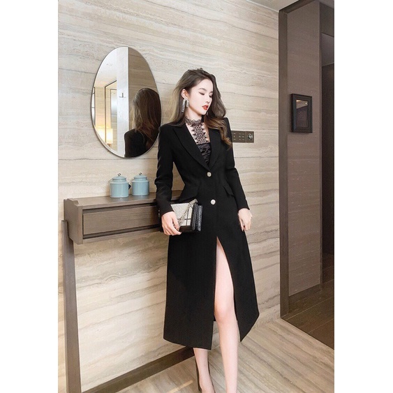 ÁO KHOÁC ĐEN FORM DÀI CỔ VEST