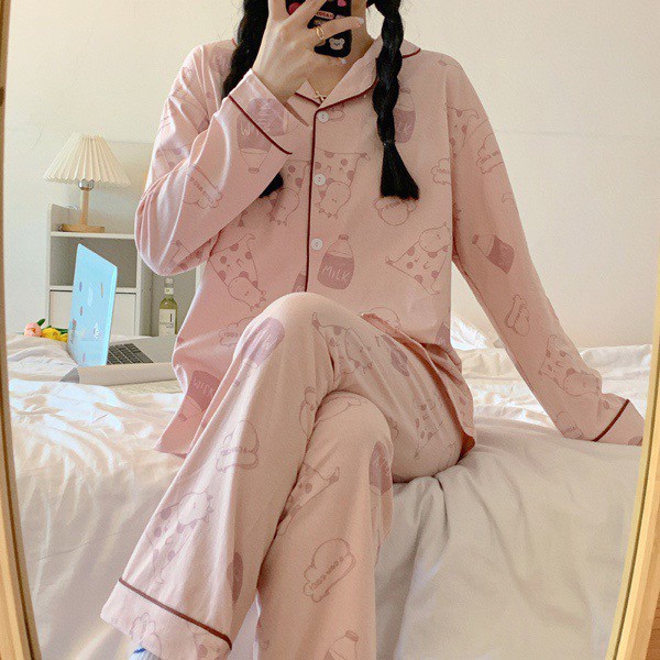 Bộ ngủ Pyjama Hình Bò Sữa Chất Cotton Ulzzang style🌸 Hàng Quảng Châu