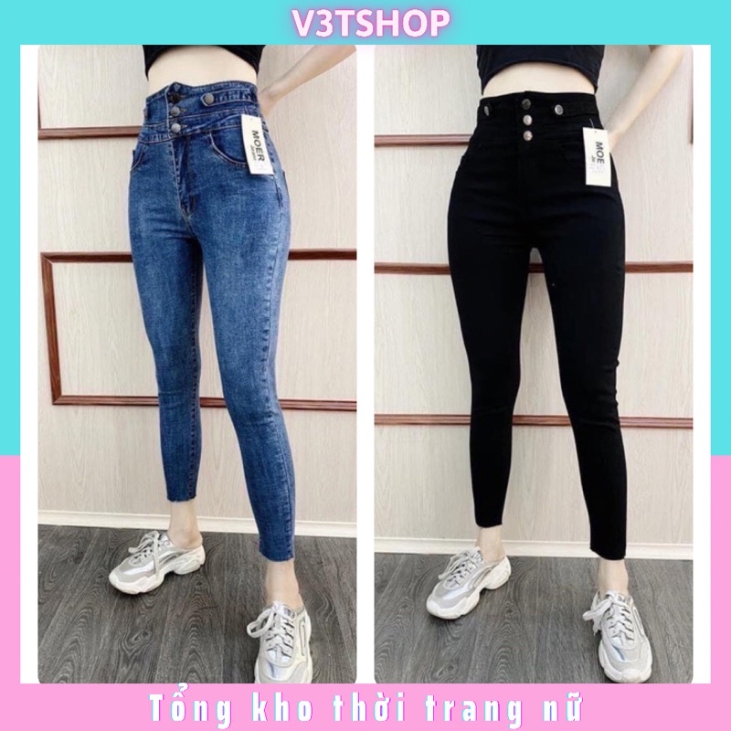 Quần bò cạp cao, quần jean hai cúc sườn M113 sẵn hai màu đen và xanh cực đẹp