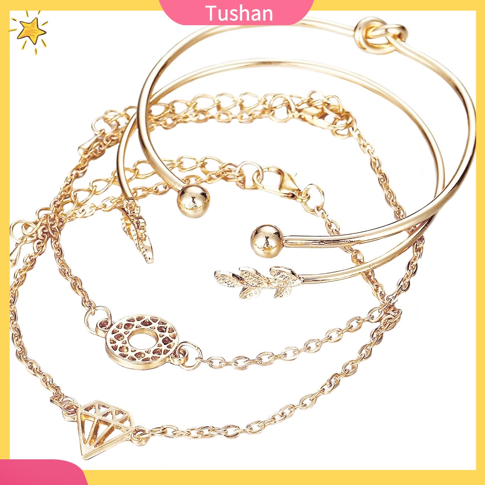 TUSH_4Pcs/Set Boho Women Leaf Knot Hollow Crystal Open Bangle Bracelet Jewelry Decor