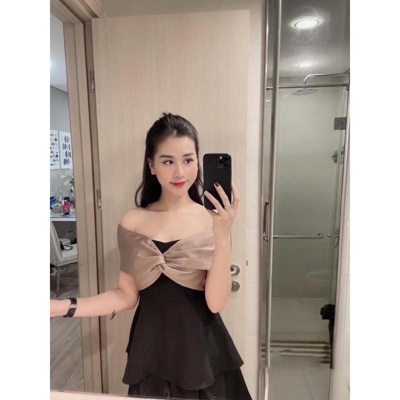 D407 Đầm Trễ Vai Phối Xoắn Ngực Thanh Lịch , Đuôi Váy Xếp Tầng Dáng Xoè Xinh Xắn | BigBuy360 - bigbuy360.vn
