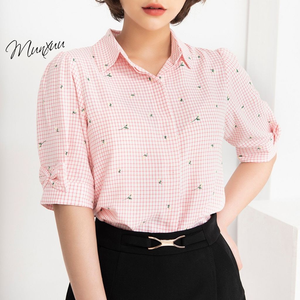 Áo sơ mi nữ caro MUNXUU thiết kế tay lỡ, họa tiết hoa nhí dễ thương - BS07 Hồng