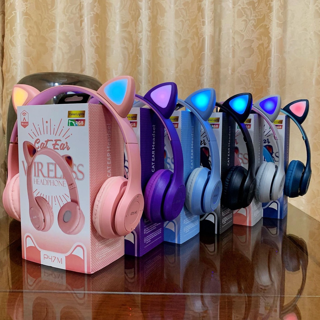 Tai nghe tai mèo bluetooth chụp tai có đèn led, có micro chơi game. Headphone bluetooth thỏ dễ thương hồng, đen, xanh.