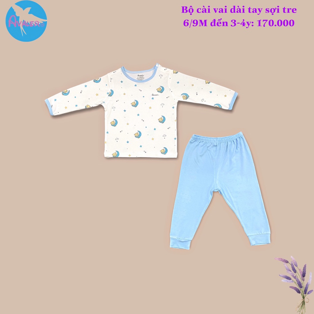 Bộ cài vai dài tay sợi tre hoạ tiết cho bé trai/bé gái Avaler