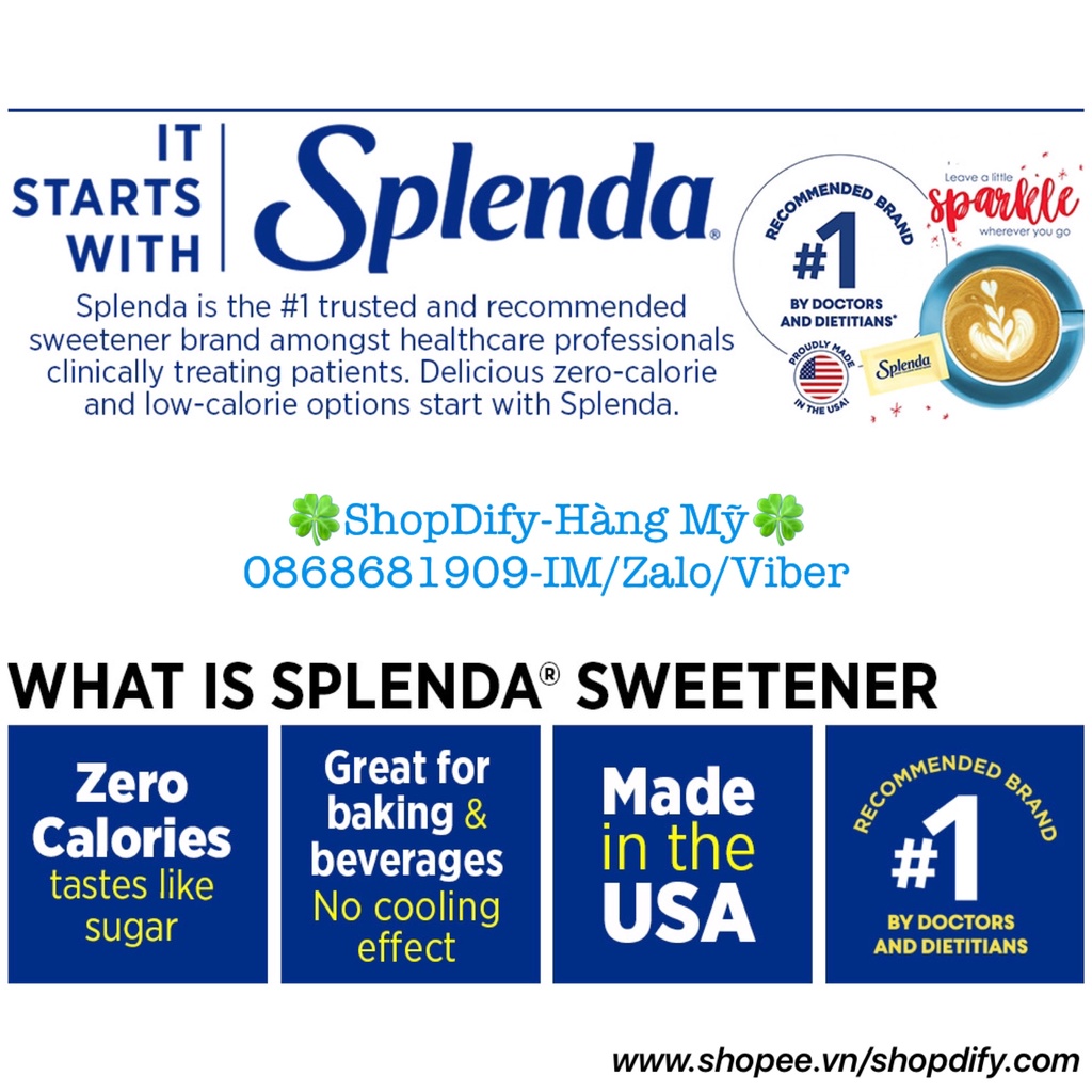 Đường SPLENDA Zero Calorie Granulated Sweetener của Mỹ cho người ăn kiêng, bệnh tiểu đường, DAS, Sugar Alternative