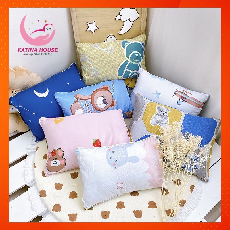 Gối cho bé sơ sinh 0 -10 tuổi vải Tencel gòn lông vũ nhân tạo, siêu mềm mát, êm,  hoạt tiết dễ thương