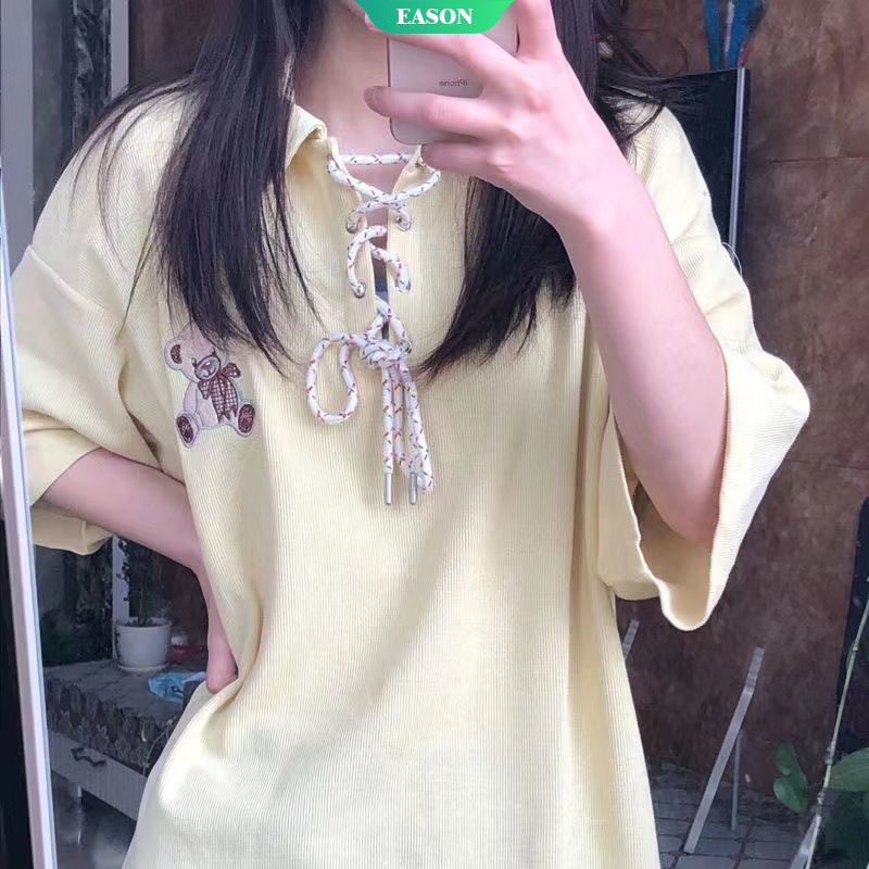 Áo polo Tay Ngắn Thêu Hình Gấu Dễ Thương Phong Cách Hồng Kông Thời Trang Mùa Hè Cho Nữ
