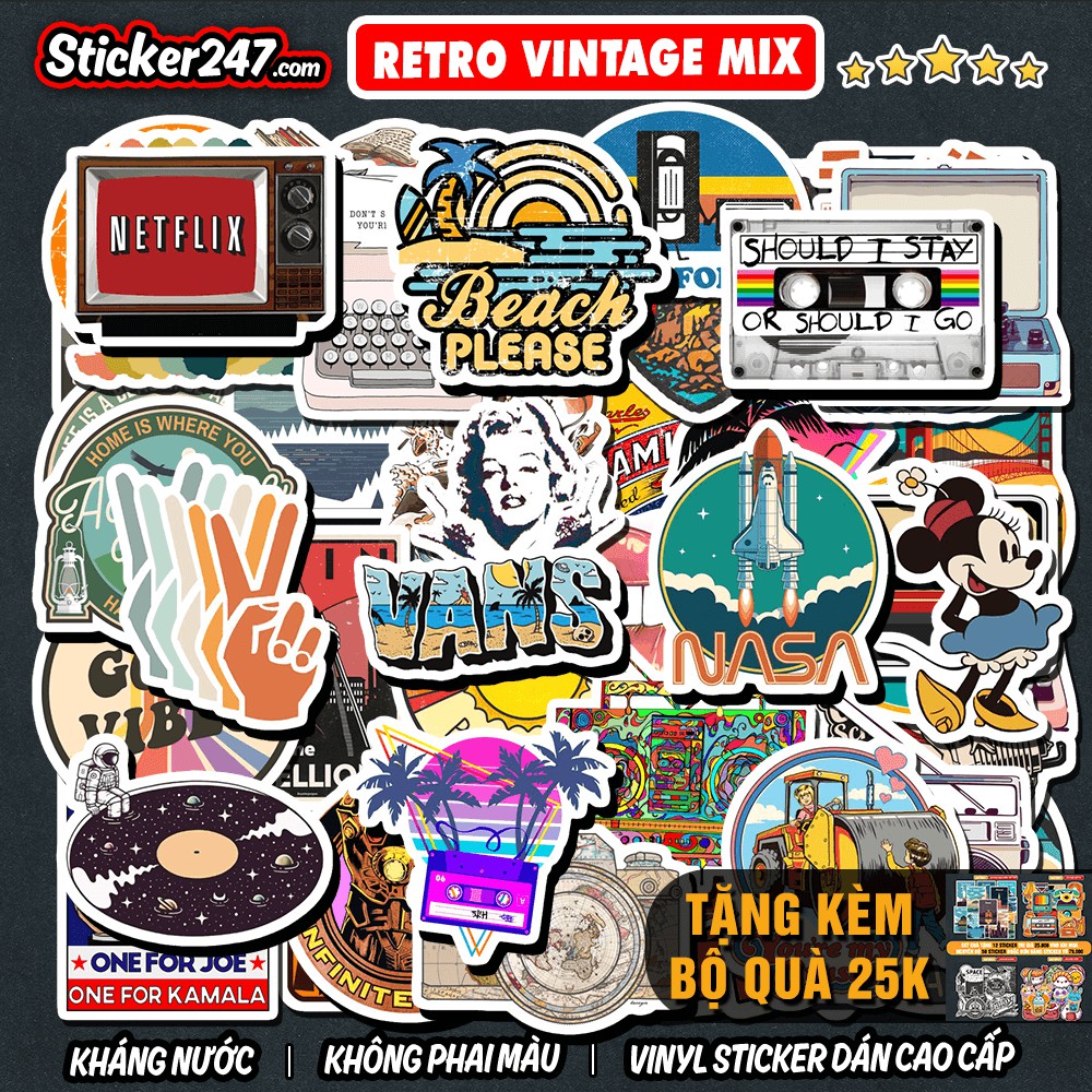 Sticker Retro Vintage Mix chủ đề 🌈𝑭𝒓𝒆𝒆𝒔𝒉𝒊𝒑 chống nước, hình decal dán laptop, ipad, mũ bảo hiểm,vali, đàn guitar, ipad