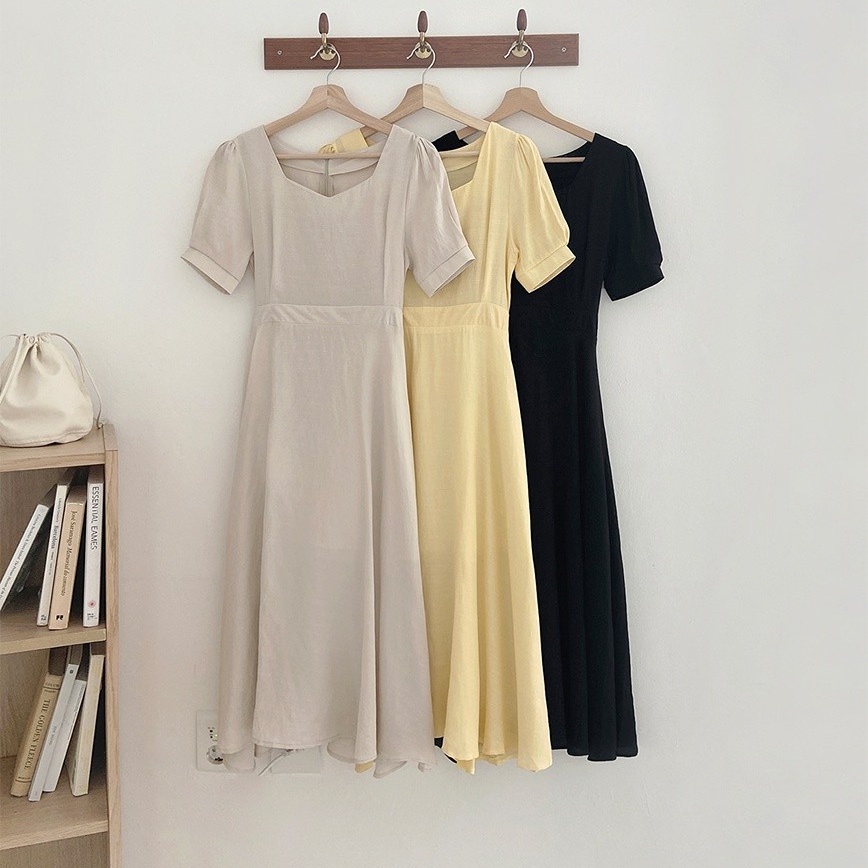 Đầm maxi SUXI tay ngắn cổ chữ V màu sắc đơn giản phong cách vintage