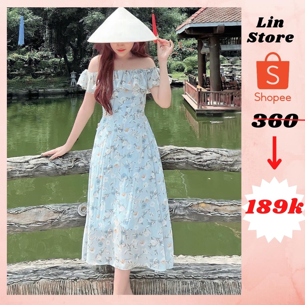 Váy trễ vai maxi, đầm hoa, đi biển, đi chơi, sang chảnh màu xanh ngọc Linstore thiết kế V17