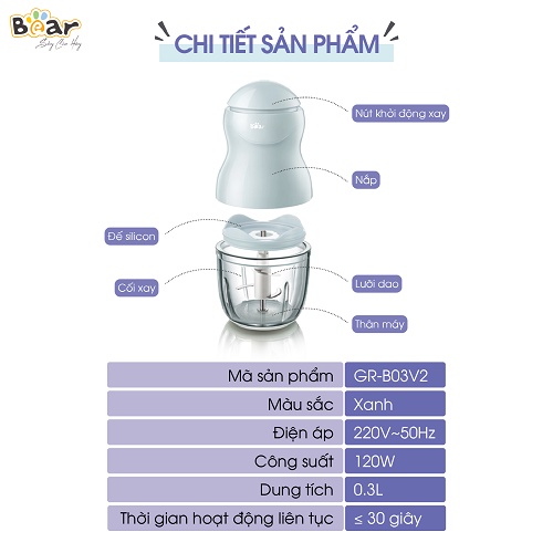 Máy Xay Ăn Dăm Cho Bé Bear Mini Cầm Tay Tiện Lợi Thiết Kế 3 Lưỡi Dao Sắc Bén, Chất Liệu Thuỷ Tinh Borosilicat - B03V2