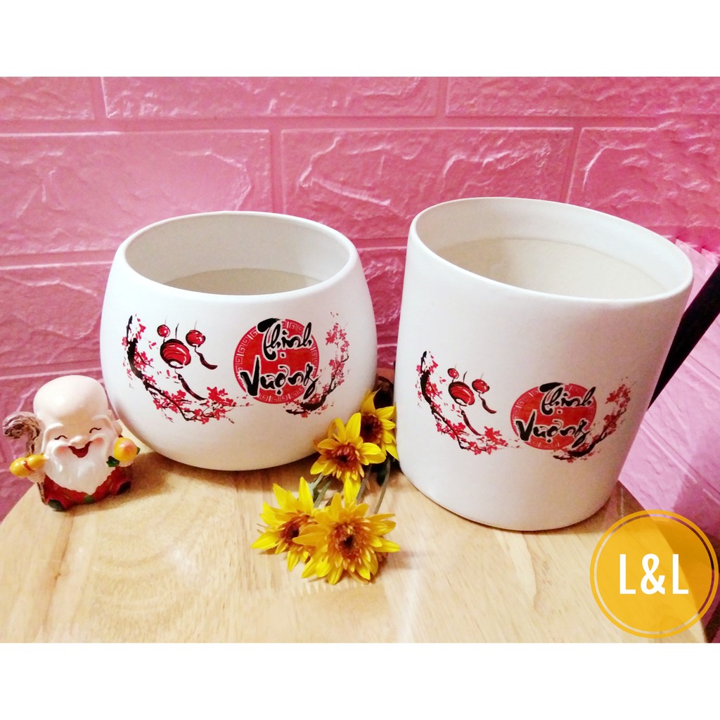 Chậu Decal BÌNH AN Trồng Cây Để Bàn - Chậu Sứ Bát Tràng trồng cây cảnh để bàn, cây trang trí