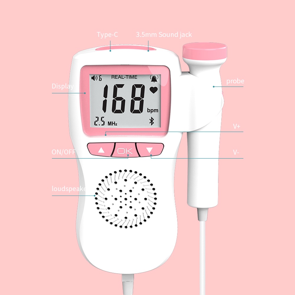 Máy đo tim thai, Máy nghe nhịp tim thai tại nhà , Thiết bị đo nhịp tim màn hình LCD 2.5MHz dành cho phụ nữ mang thai,  Máy đo nhịp tim thai nhi doppler 2.5 MHz màn hình LCD di động