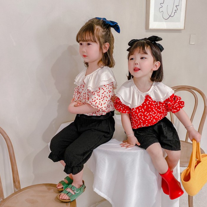 Áo Sơ Mi Chấm Bi Tay Loe Cổ Rộng Xinh Xắn Cho Bé Gái