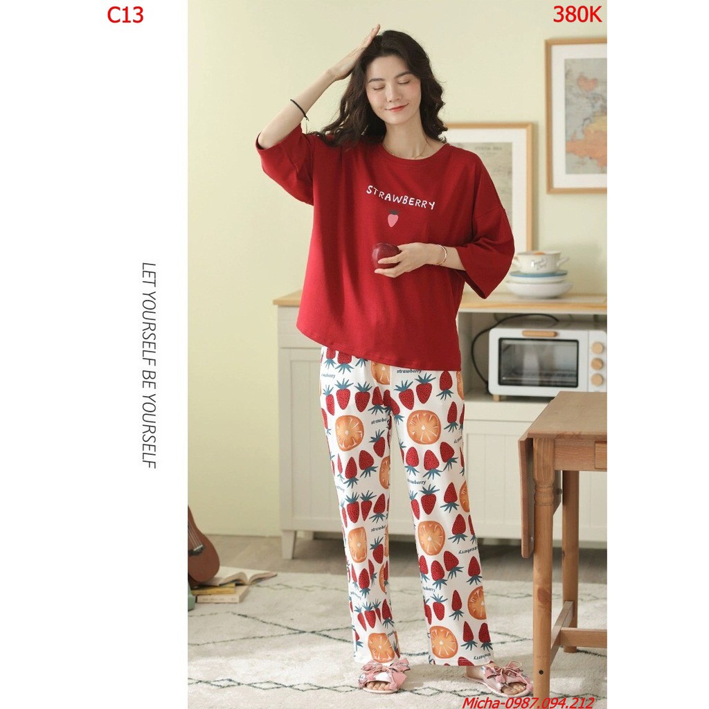Bộ đồ nữ cotton cao cấp áo tay lỡ hình dâu tây xinh xắn - Micha C13