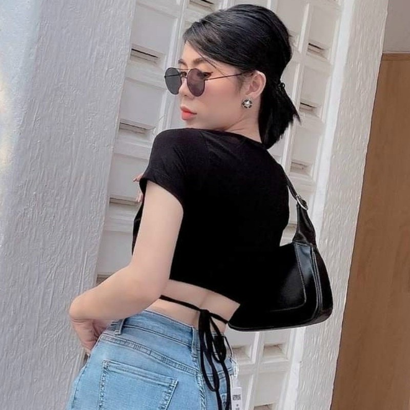 Áo croptop đan dây eo khoét thân mặc 2 Kiểu cổ v hoặc hở lưng Tay Ngắn A90- 103 -2M FIORI STORE