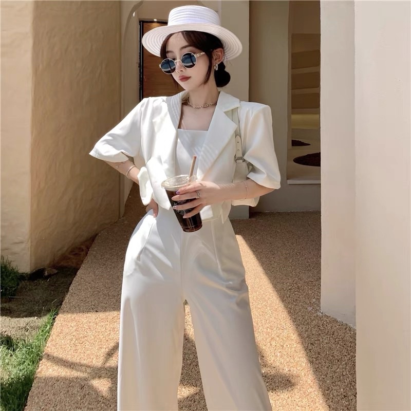 [ ORDER ] Set jumpsuit nữ áo hai dây quần ống suông kèm áo khoác blazer dáng croptop cut out ở lưng