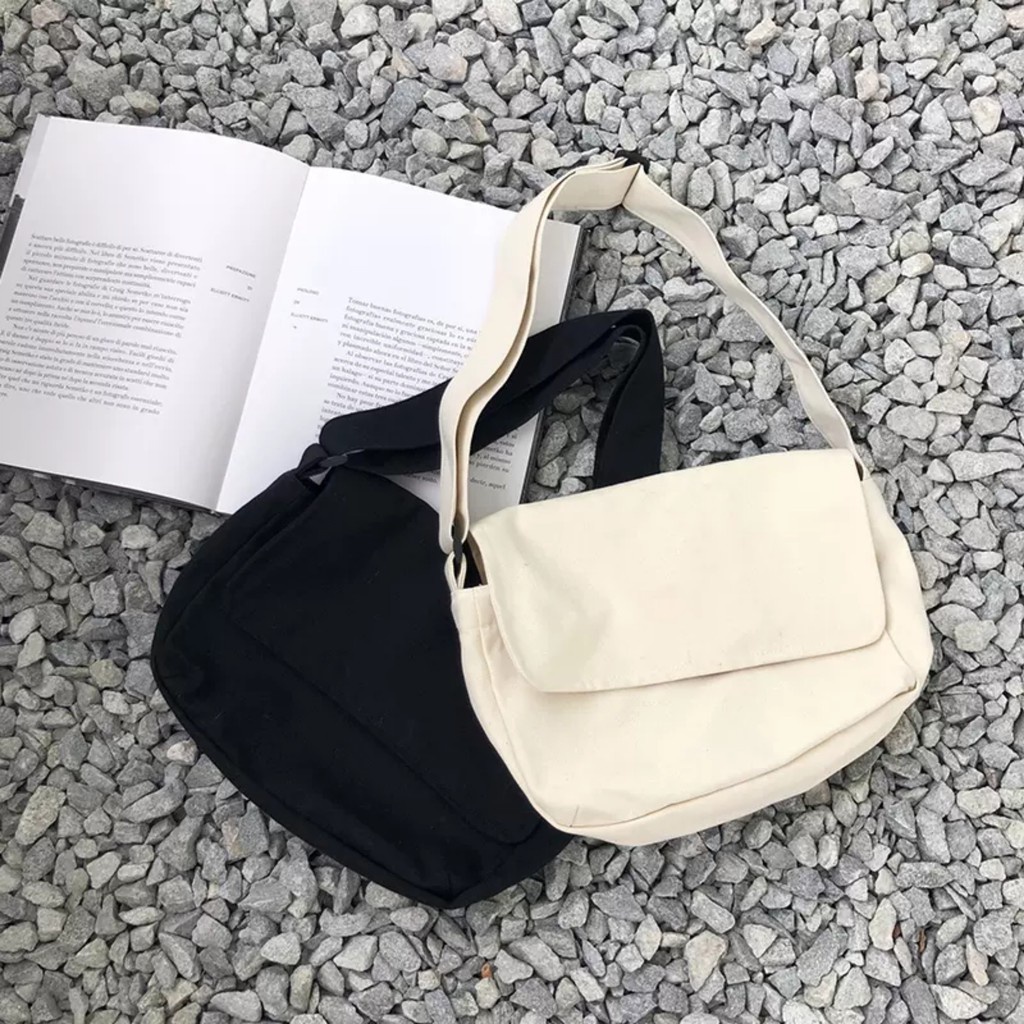 Size lớn_có khóa + túi con _TÚI tote chéo trơn vải canvas unisex nam nữ