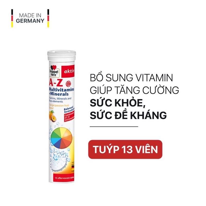 Viên sủi bổ sung 21 Vitamin & khoáng chất Doppelherz A-Z Fizz Multivitamins and Minerals (Tuýp 13 viên)