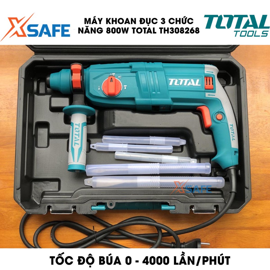 Máy khoan búa cầm tay 3 chức năng 800w TOTAL TH308268 tốc độ 1100rpm, tốc độ búa 4000bpm lực đập 2.5j, kèm mũi khoan,đục