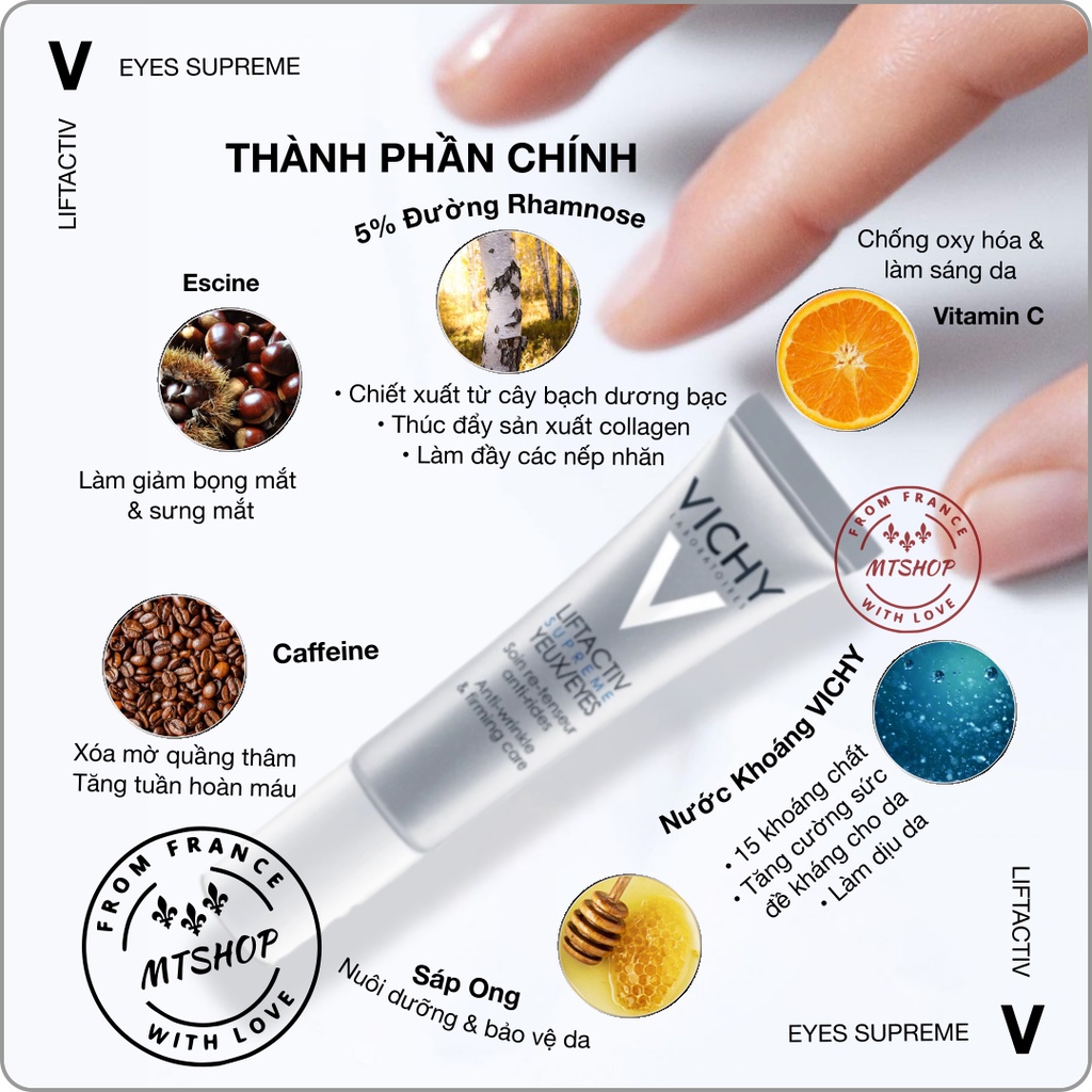 VICHY Kem Mắt LIFTACTIV SUPREME EYES: Giảm Vết Chân Chim, Nếp Nhăn & Quầng Thâm, Làm Tan Bọng Mắt [Nội địa Pháp]